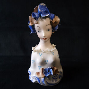 Vintage Cordey Figurine Lady Bust Blue Roses Flowers & Lace Porcelain 6" Figure